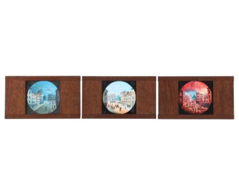 A Shop Fire Dissolving Magic Lantern Slide Set, A ‘shop fire’ day, night and shop ablaze. 3 slide magic lantern dissolve set,
