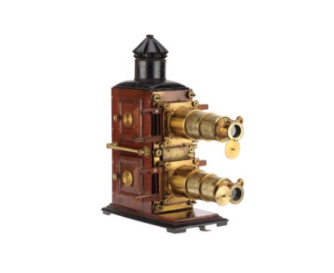Brass &amp; Mahogany Biunial Magic Lantern, English, c.1890, the large French polished mahogany body with two panelled doors 