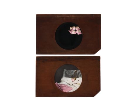 Magic Lantern Dissolve Set, Mahogany framed slides of a hand tinted sleeping child with a second slide of floating angels, sl
