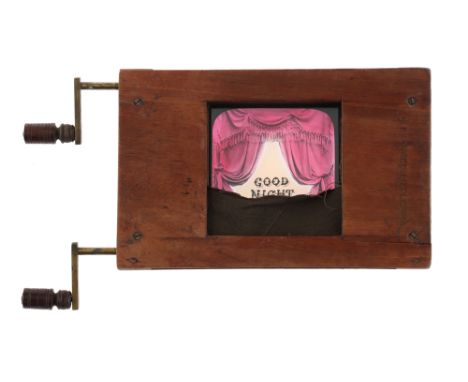 An Unusual Curtain Magic Lantern Slide, A ‘curtain slide’ unusual magic lantern goodnight curtain slide. with fabric curtain 