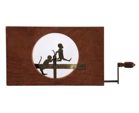 Magic Lantern Slide of Silhouetted Dancing Monkeys, Mahogany slide with 2 articulated brass monkeys on a spindle driven by a 