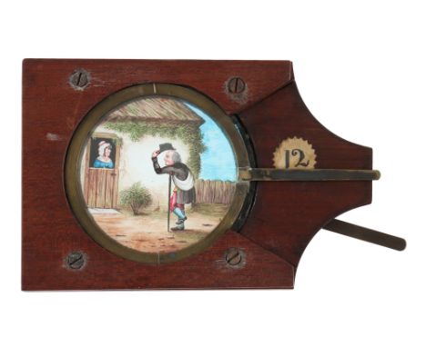An Unusual Double Action Hand-painted Magic Lantern Lever Slide, An unusual double action hand painted magic lantern lever sl