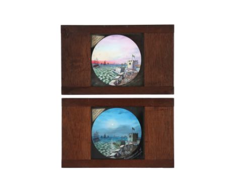 Bombardment of Alexandria, Dissolving Magic Lantern Set, fine pair of hand painted magic lantern dissolving view slides. ‘bom