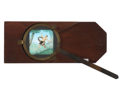 Magic Lantern Slide of Man Fighting a Snake, Mahogany slide with a good clear image of a man fighting a snake, the snake is a