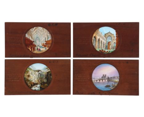 Finely Painted Magic Lantern Slides, 4 fine hand painted magic lantern slides by carpenter and westley. measuring 7” x 3 ¾”. 
