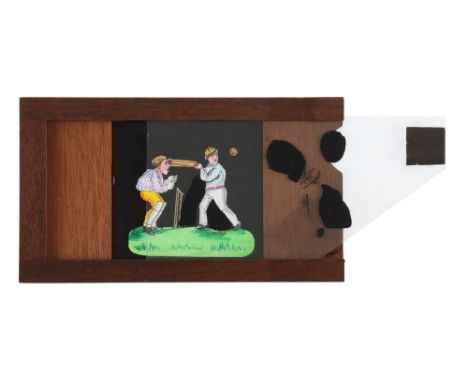 A 'Cricket' Magic Lantern Slide, ‘cricket’ hand painted magic lantern slipping slide. works well. measuring 7” x 4”