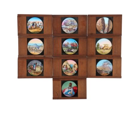 Magic Lantern Slides of the Abyssinian War, A set 10 mahogany framed magic lantern slides. Abyssinian war + 2 others that may