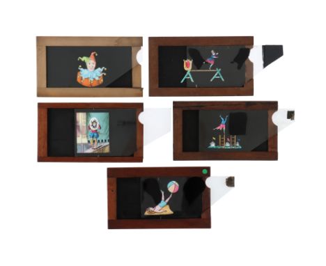Magic Lantern Slipping Slides, 5 hand painted magic lantern slipping slides of circus interest, including acrobatics, tight r
