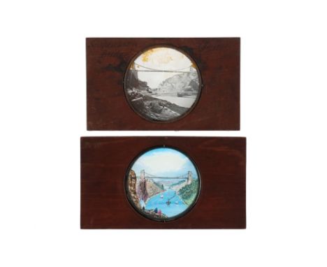 2 Magic Lantern Slides of Clifton Suspension Bridge, 2 magic lantern slides of ‘Clifton suspension bridge’ designed by isamba