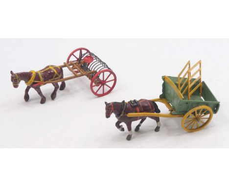 Farming-related group of two to include a Charbens horse-drawn two-wheeled cart, with hay supports, and a Britains horse-draw