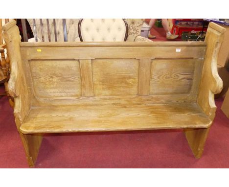 A Victorian pitch pine three panel back church pew, width 138cm
