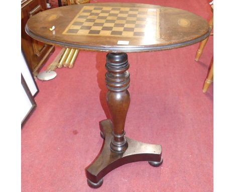 A Victorian walnut and chessboard topped inlaid oval tilt-top pedestal tripod occasional table, w.64cm 