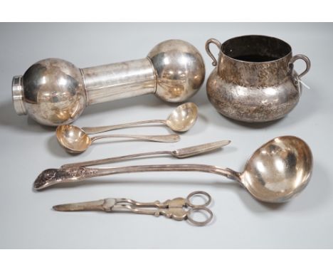 Mixed silver and plated ware including a Victorian silver Kings pattern soup ladle, London, 1857, a George III silver marrow 