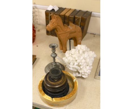 A mounted model of Trojan horse, together with a pewter candlestick, hardwood stands, etc.
