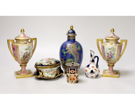 A pair of Vienna style porcelain pink ground vases, late 19th century, a Sevres style trinket box, and other ceramics. Talles