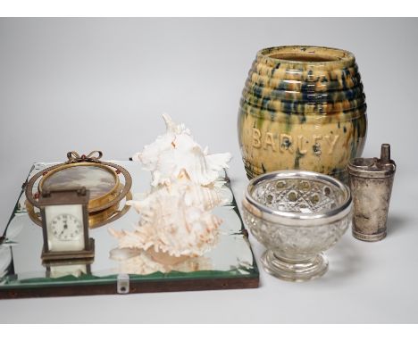 Miscellaneous items including mottled ceramic barley jar, an American miniature timepiece, silver mounted cut glass bowl (9 i