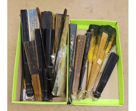 An unusual 19th century feather fan, three sequin and gauze fans, a paisley fan, Sandalwood fan and a collection of later fan