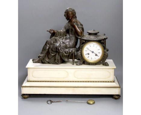 A French marble and bronzed metal figural mantel clock. 49cm