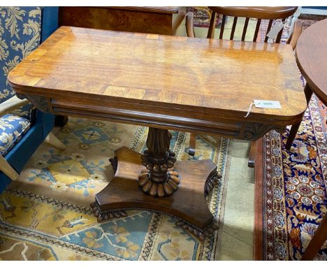 A William IV rosewood folding card table, width 92cm, depth 45cm, height 74cm
