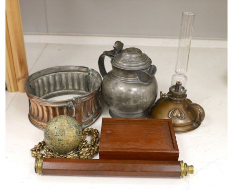 An unusual Victorian copper pie-mould, teak cased set of Bezique scorers, a brass link chain, a 19th century pewter pitcher, 
