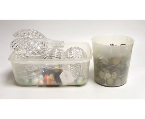 Cut glass light fitments, a quantity of marbles and mixed coinage etc