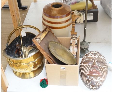 A dagger, various copper and brass wares, A Victorian helmet shaped coal scuttle and other metalware, and a An ecclesiastical