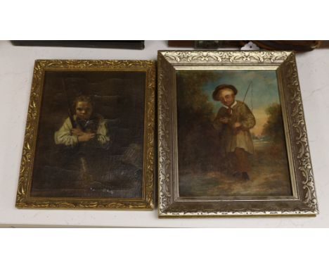 19th century English School, oil on canvas, Study of a boy angler, 24 x 19cm and an oleograph after Rembrandt