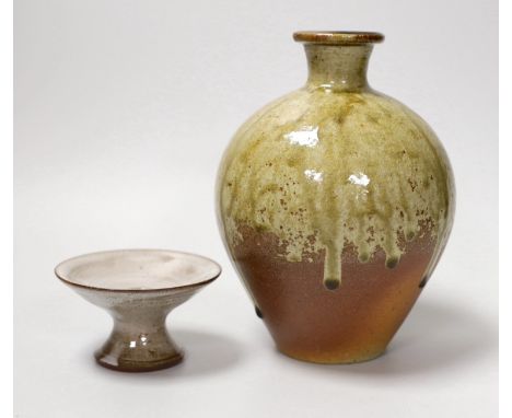 David Leach (1911-2005) small candlestick, together with a Nick Rees stoneware vase. Tallest 18cm