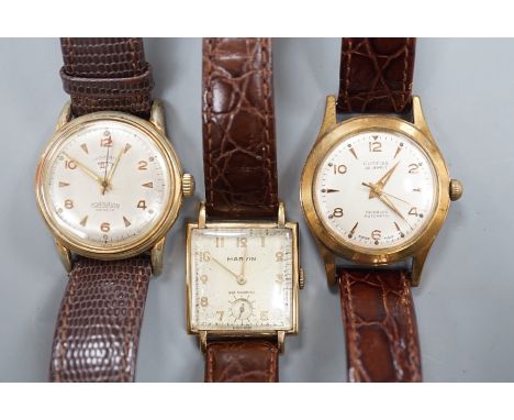 A gentleman's 1940's 9ct gold Marvin square dial manual wind wrist watch, on a later leather strap, together with two other g