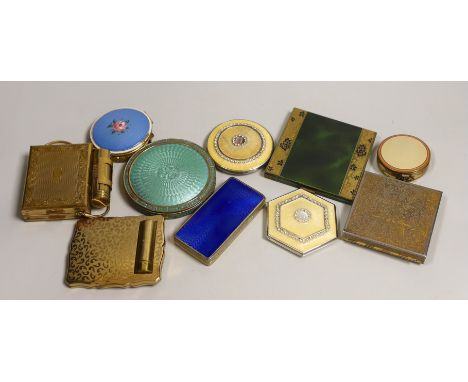 A collection of mostly enamel ladies compacts, two compacts including lipstick, (10).