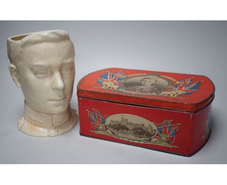 A musical Edward VII Coronation jug playing ' God save the King' and an Edward VIII biscuit tin