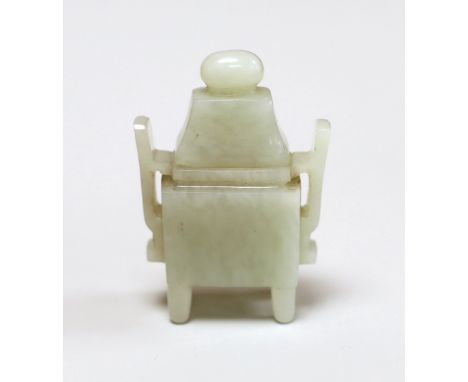 A Chinese pale celadon jade miniature ‘fanghu’ vessel, 6cms high