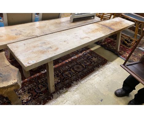A Provincial rectangular pine bench, length 268cm, depth 43cm, height 62cm