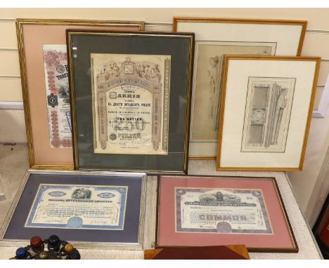 Four framed share certificates and two religious engravings