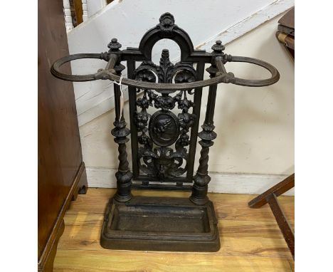 A Victorian Coalbrookdale style cast iron stick stand, width 59cm, height 72cm