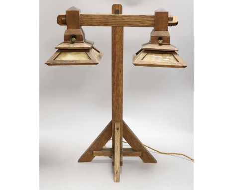 An oak mission-style lamp, 23cms high x 46cms wide