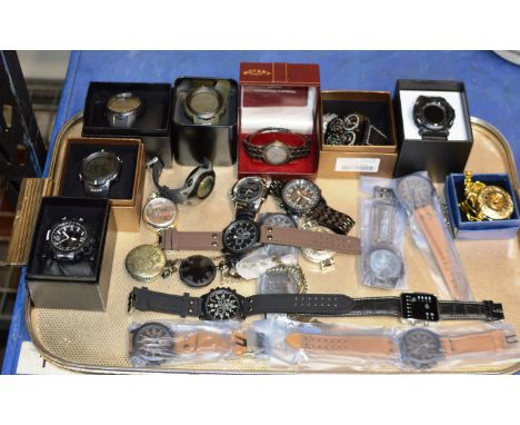 TRAY WITH VINTAGE ROTARY WRIST WATCH, VARIOUS COSTUME WRIST WATCHES &amp; MODERN POCKET WATCHES     