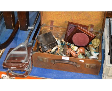 2 SHOOTING STICKS, VINTAGE LEATHER CASE WITH OPERA GLASSES &amp; VARIOUS FIGURINE ORNAMENTS, HUMMEL ETC     