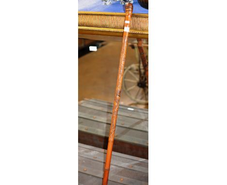 ORIENTAL CARVED BAMBOO WALKING STICK WITH WARRIOR DECORATION     