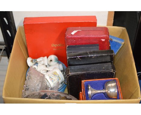 BOX CONTAINING CRESTED CHINA, SPODE DISH, EP GOBLETS, VARIOUS EP CUTLERY, DISPLAY PLATES ETC     