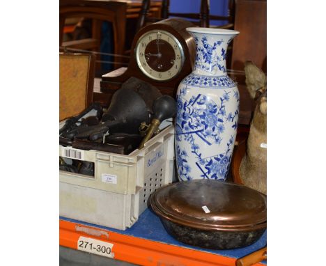 BOX WITH ASSORTED IRON WORK, VINTAGE CAR HORN, CHIMING CLOCK, ORIENTAL STYLE VASE, BED WARMING PAN &amp; WALKING STICK     