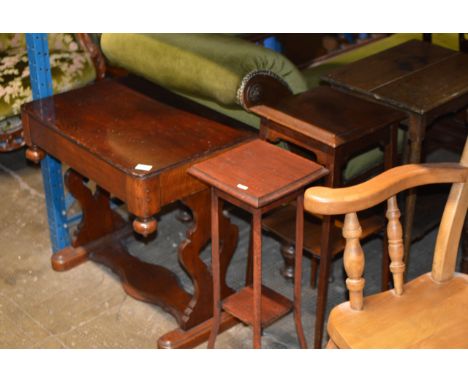 STAINED PINE OCCASIONAL TABLE, 2 PLANT STANDS &amp; 1 OTHER TABLE     