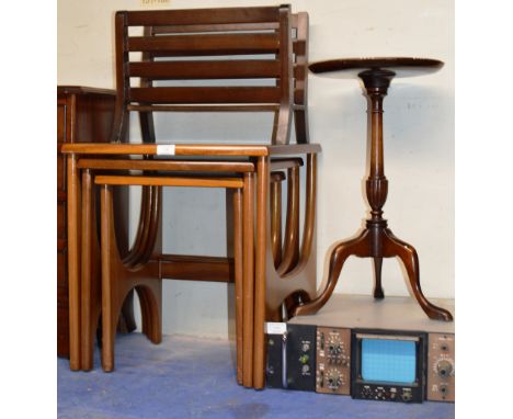 NEST OF 3 TEAK TABLES, MAGAZINE RACK &amp; MAHOGANY WINE TABLE     