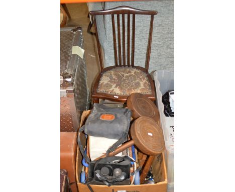 MAHOGANY CHAIR &amp; BOX WITH WOODEN STOOLS, BINOCULARS, COLOURED GLASS VASE, VINTAGE PUSH TOY ETC     