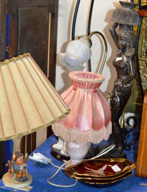 HUMMEL FIGURINE TABLE LAMP, 3 CARLTON WARE DISHES, AFRICAN STYLE FIGURINE &amp; 2 OTHER LAMPS     