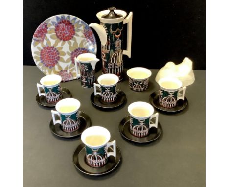 A Portmerion Magic City coffee set for six designed by Susan Williams-Ellis; a stoneware plate wax resist decorated with flow