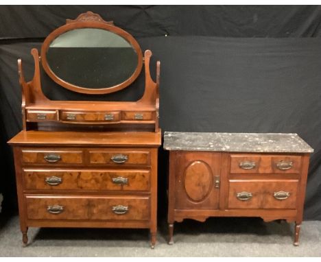 A walnut and mahogany dressing table, triptych mirrors, shelf and drawers to superstructure, two short drawers over two long 