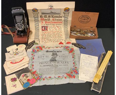 Local interest - a 1923 Royal visit of the Prince of Wales souvenir napkin to Nottingham 1st August 1923; A HMS Repulse World