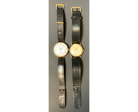 A George V 9ct gold cased Buren wristwatch, white enamel dial, Roman numerals, leather strap, London 1923, 31.2g gross;  anot