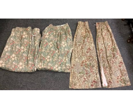 A pair of Sanderson curtains, golden Lily Minor by Morris &amp; Co., 120cm width x 150cm length; a pair of Liberty curtains, 